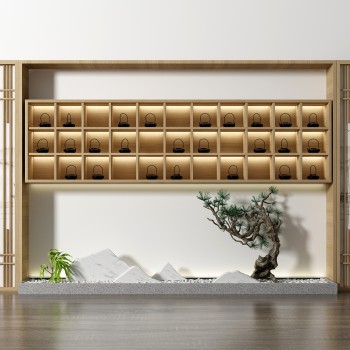 新中式茶艺小品花格背景墙-模型ID【504265】