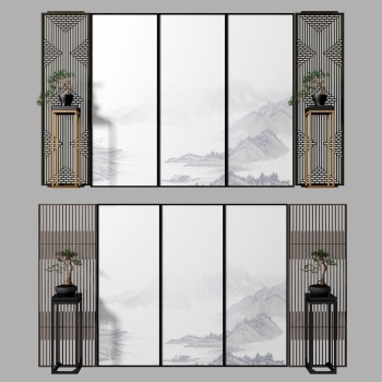 新中式屏风隔断花架组合-模型ID【504314】