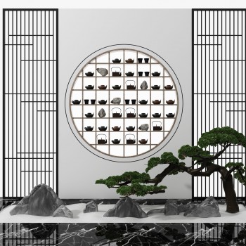 新中式屏风松树假山茶艺小品-模型ID【505466】