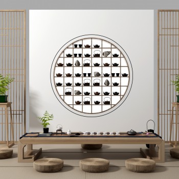 新中式茶桌椅背景墙组合-模型ID【508546】