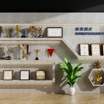 现代奖杯奖牌证书展厅荣誉墙-模型ID【511117】