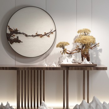 新中式端景台挂画迎客松盆景组合-模型ID【524205】