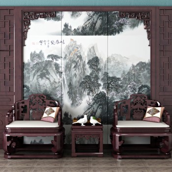 新中式单人沙发边几/角几背景墙组合-模型ID【533797】