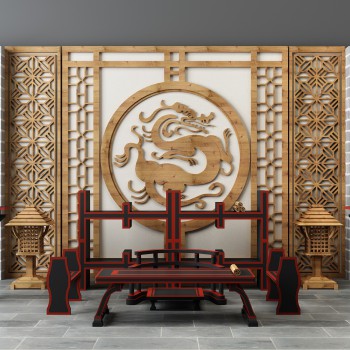 新中式古代战国文物书桌椅背景墙组合-模型ID【534475】