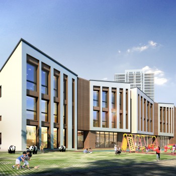 新中式幼儿园建筑外观-人物为后期3d模型