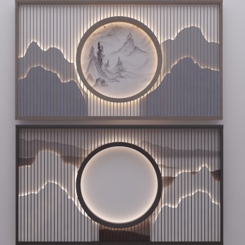 新中式山水背景墙组合-模型ID【546761】