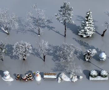 现代雪景树木，园艺小品、雪人组合-ID:698815112