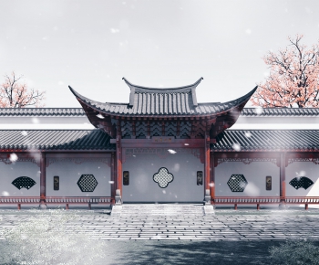 中式古建筑青瓦白墙木结构长廊-ID:126728063