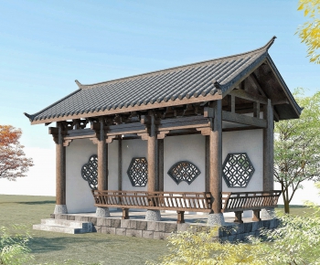 中式木结构青瓦白墙亭子-ID:441730083