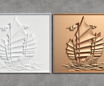 新中式帆船石膏铜质浮雕-ID:386543041