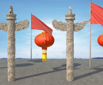 中式柱子灯笼、国旗-ID:435935976