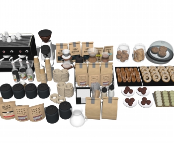 现代厨房用品、甜点食物、咖啡机、餐具组合-ID:718955995