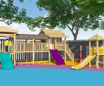 现代幼儿园户外景观 木屋 滑梯 游乐设施-ID:364577057