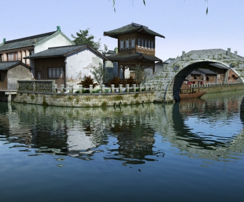 中式古河道古桥，江南古建-ID:268075941