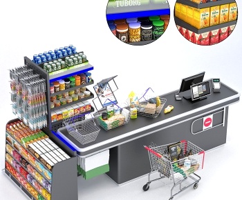 现代超市收银台购物车超市货架3D模型