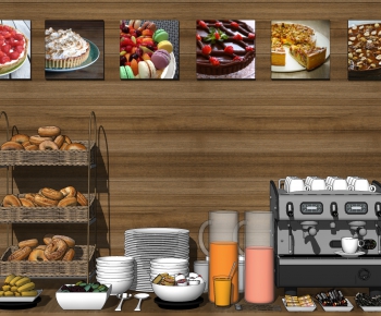 现代食物饮料 甜品店自助餐台 咖啡机 餐具碗盘-ID:930005079