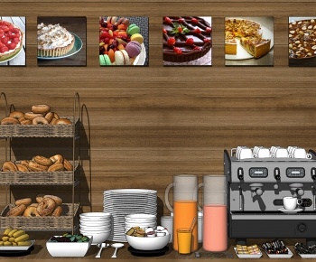 現代食物飲料 甜品店自助餐臺 咖啡機 餐具碗盤-ID:1191748