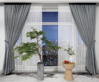 新中式窗帘植物盆景-ID:946186074