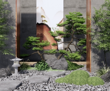新中式庭院小品 景墙围墙 石头松树-ID:331995013