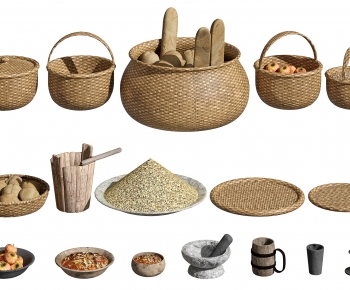 乡村农具，篮子，木桶，陶碗器皿，食物-ID:143317947