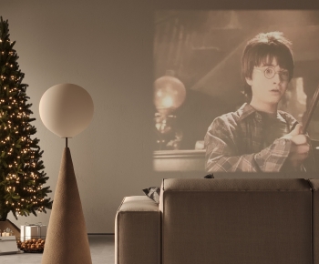 美式客厅 投影，落地灯，圣诞树-ID:879790074