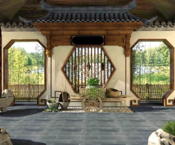 新中式古建筑屋檐木栅栏，农家乐 景观园林-ID:710834983