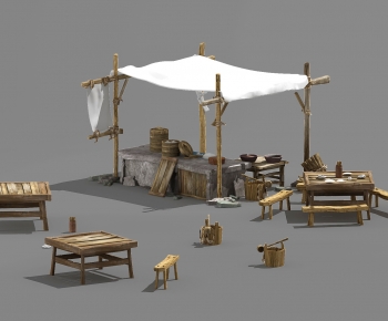 中式古代外摆摊位，，帐篷遮阳伞木头劈柴-ID:686052085