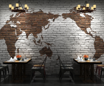 工业风餐桌椅世界地图砖墙-ID:408696899