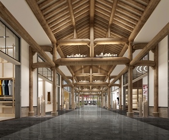中式商场会所木梁结构坡屋顶走廊-id:849478011