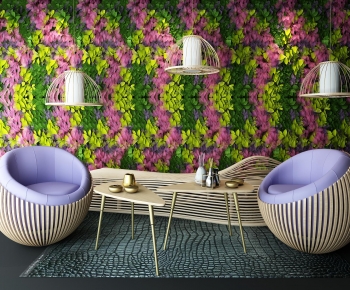 日式植物墙单人沙发茶几-ID:136055959
