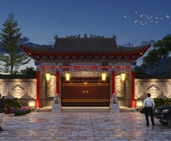 中式古建彩绘庭院大门夜景-ID:673041117