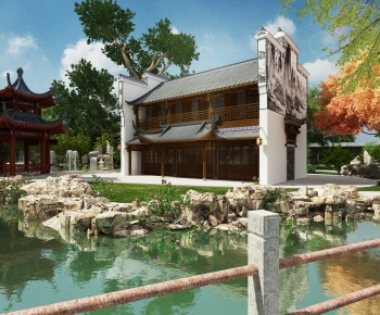 中式园林景观古建筑假山水景桥石头池-ID:557559979
