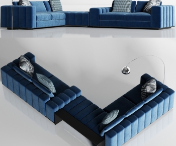 现代蓝色绒布转角多人沙发枕头组合-ID:845968962