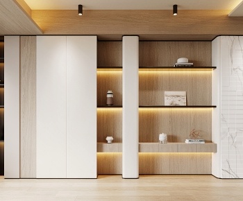 现代极简沙发背景墙，实木装饰柜3D模型