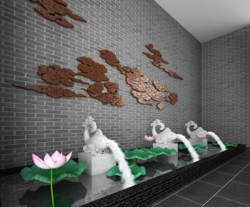 新中式水池喷泉云挂件荷花石雕-ID:689973125