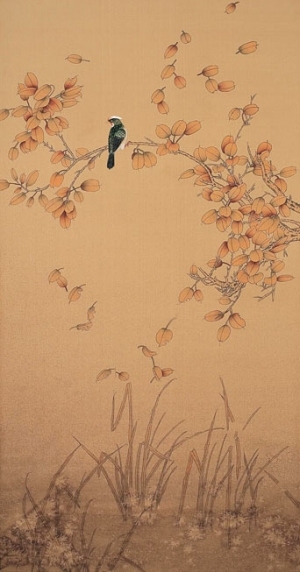 中式古典真丝手绘花鸟壁纸-ID:4013419
