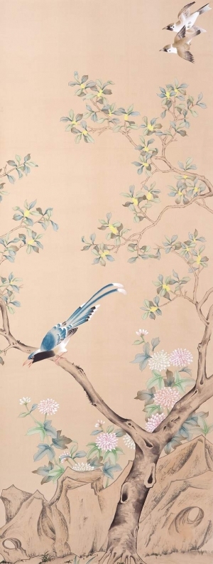 中式古典真丝手绘花鸟壁纸-ID:4014077