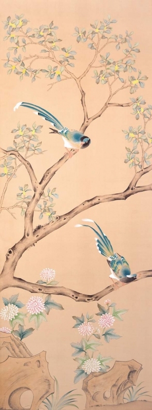 中式古典真丝手绘花鸟壁纸-ID:4015234