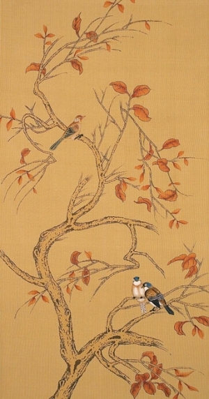 中式古典真丝手绘花鸟壁纸-ID:4017010