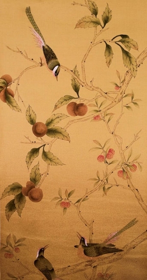 中式古典真丝手绘花鸟壁纸-ID:4018052