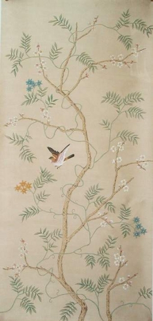 中式古典真丝手绘花鸟壁纸-ID:4018087