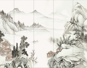 中式背景墙山水画3D模型