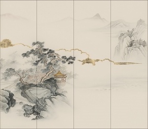 中式背景墙山水画3D模型