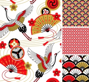 传统花样图案日式日本和风仙鹤松树鲤鱼波纹印花-ID:5258760