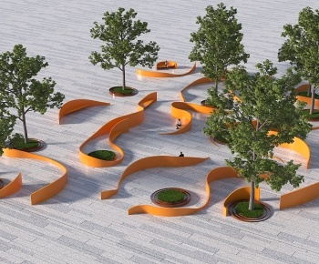 现代曲线流动广场景观 异形景墙座凳3D模型