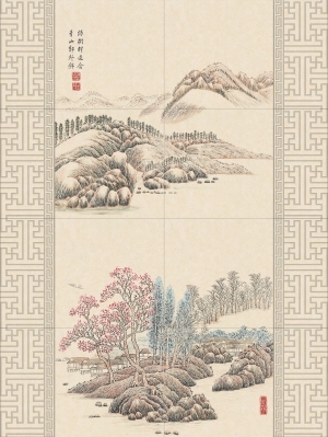 中式溪山金秋壁画-ID:5621599