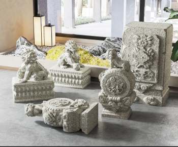 新中式石墩狮子雕塑摆件组合-ID:368742947