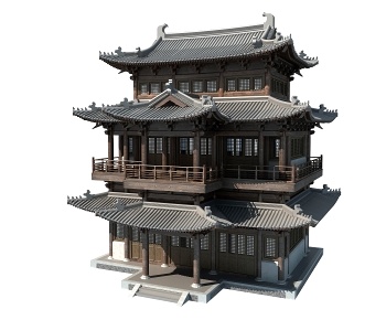 中式三层古建阁楼3D模型