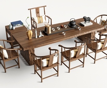 新中式原木茶桌椅3D模型