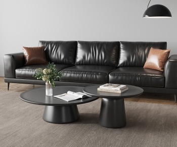 现代黑色皮沙发茶几组合3D模型